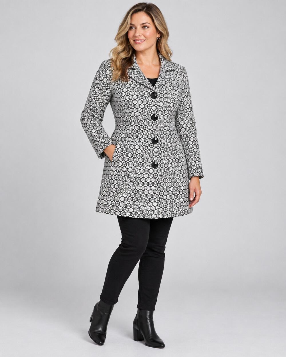 Donna Moore Women’s Medium Black White Geometric Print Trench Coat Retro